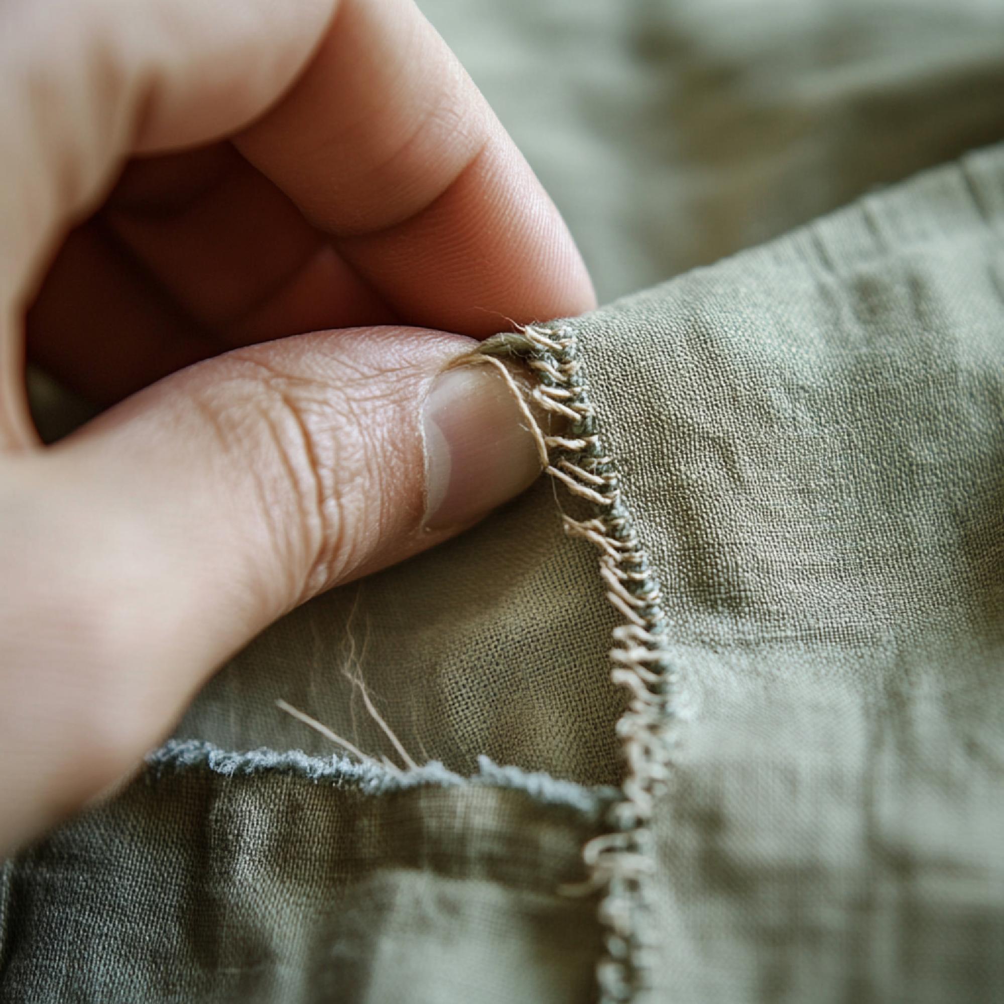 Closeup artisan hands stitching linen